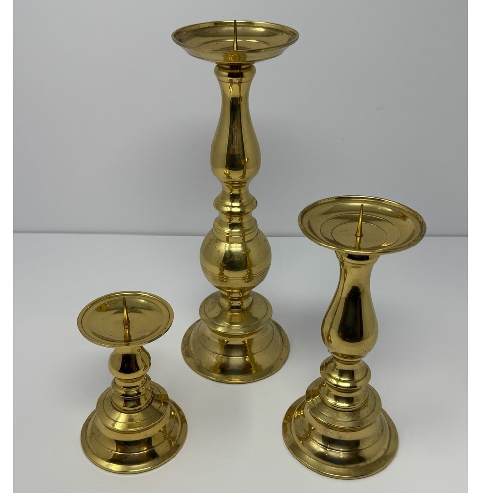 Vintage Brass Pillar Candle Holder Set of 3 Graduated Heights Made in India